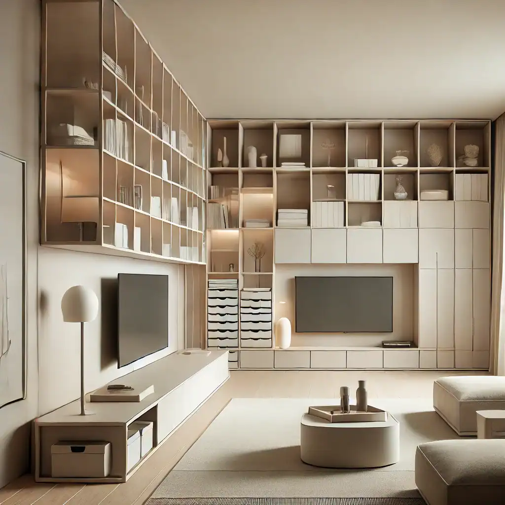 Dall·e 2025 01 15 21.52.37 A Modern, Minimalist Living Space Showcasing Simplified Organization Systems. The Room Features Sleek, Modular Shelves, Hidden Storage Compartments, A