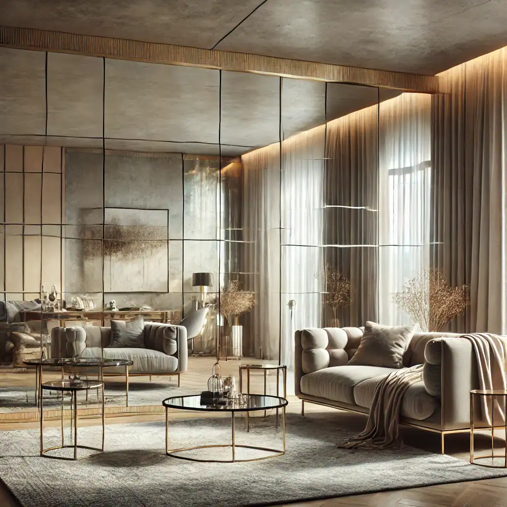 Dall·e 2025 01 17 12.08.58 A Stylish And Modern Interior Space Featuring A Large Mirrored Wall With Subtle Tinted And Antique Finishes. The Room Includes Contemporary Furniture