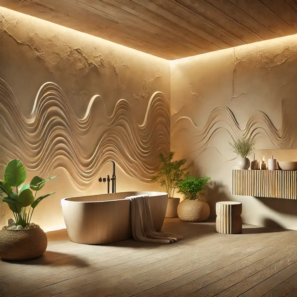 Dall·e 2025 01 17 21.38.34 A Modern Bathroom With A Natural Aesthetic Featuring Textured Walls With Organic, Wave Like Plaster Finishes. The Room Includes A Freestanding Wooden