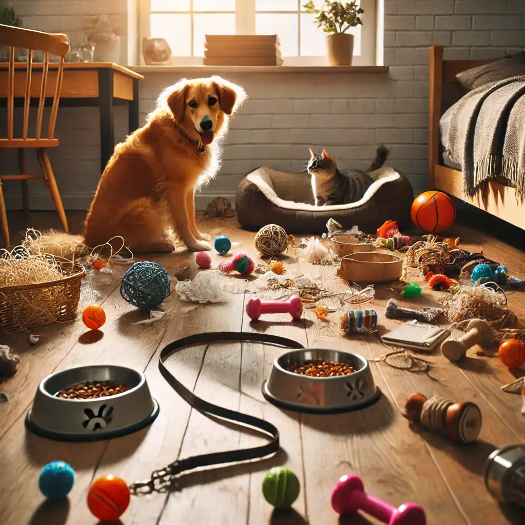 Dall·e 2025 01 30 22.01.03 A Cluttered Pet Area In A Cozy Home, With Scattered Pet Toys, An Overturned Food Bowl, A Tangled Leash On The Floor, And A Pet Bed In Disarray. A Dog