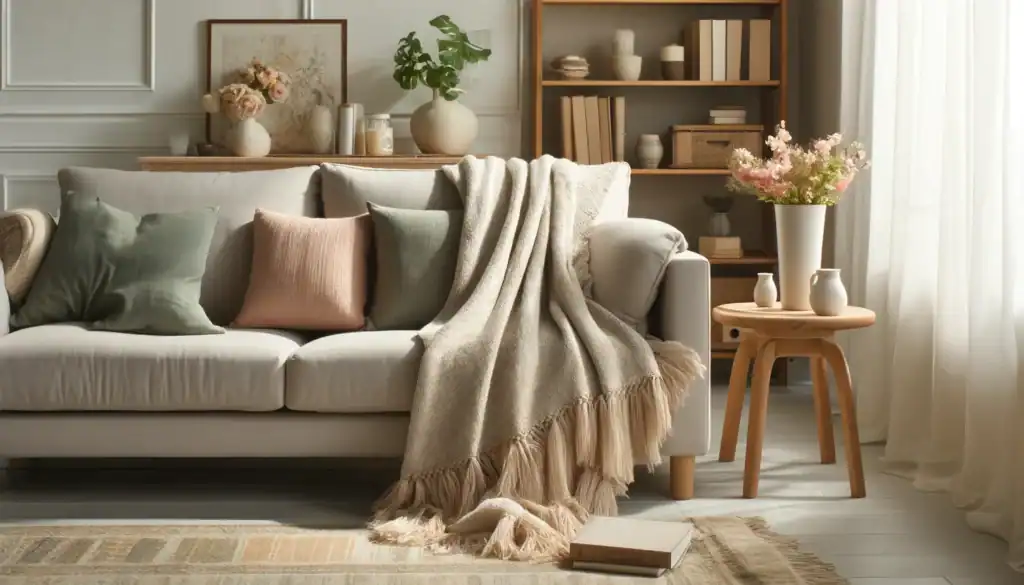Dall E 2024 05 23 15.50.49 A Cozy Living Room Setting Featuring A Plush Cotton Throw Blanket Draped Over A Soft Light Gray Sofa. The Blanket Has A Subtle Woven Texture With Fr