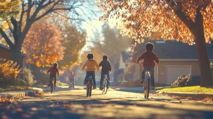 Autumn Bicycle Ride Kids Cycling Down Suburban Street 40908 5374