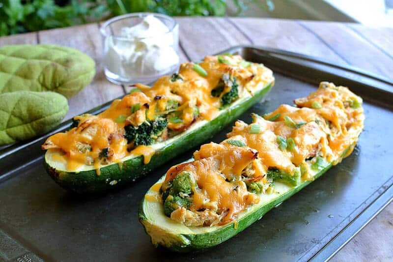 Broccoli chicken zucchini boats