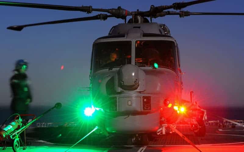 Hms Monmouth's Lynx Helicopter Conducts Ground Run Testing At Night