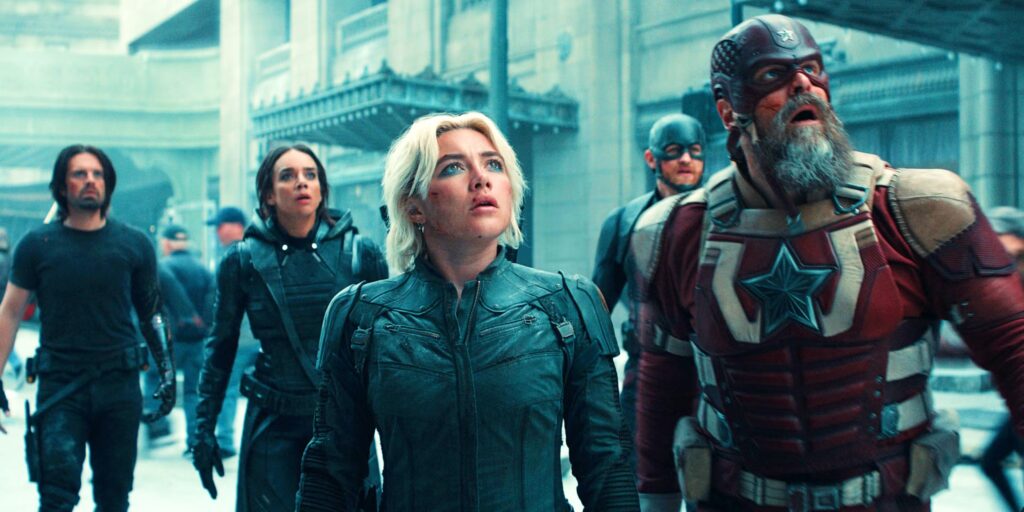 Sebastian Stan Hannah John Kamen Florence Pugh Wyatt Russell And David Harbour Looking Up On City Street In Thunderbolts