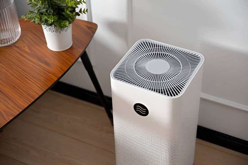 Sleek air purifier stands amidst lush houseplants