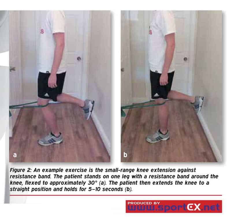 An example exercise is the small range knee extension against resistance band